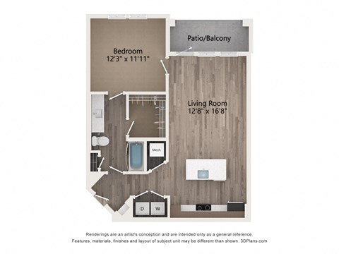 Floor plan for 1 bed, 1 bath, 823 sqft